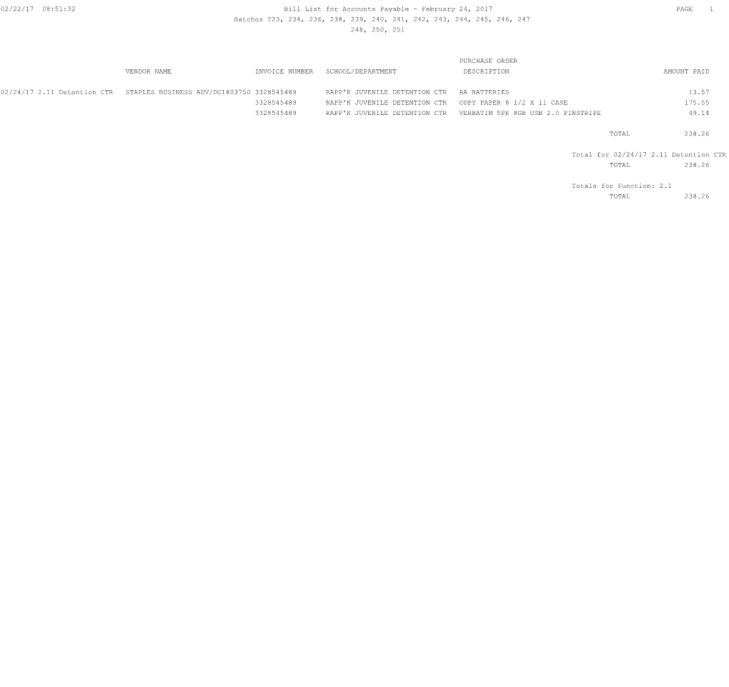 02/22/17 08:51:32 Bill List for Accounts Payable - February 24, 2017 PAGE 1 Batches T23, 234, 236, 238, 239, 240, 241, 242, 243, 244, 245, 246, 247 248, 250, 251