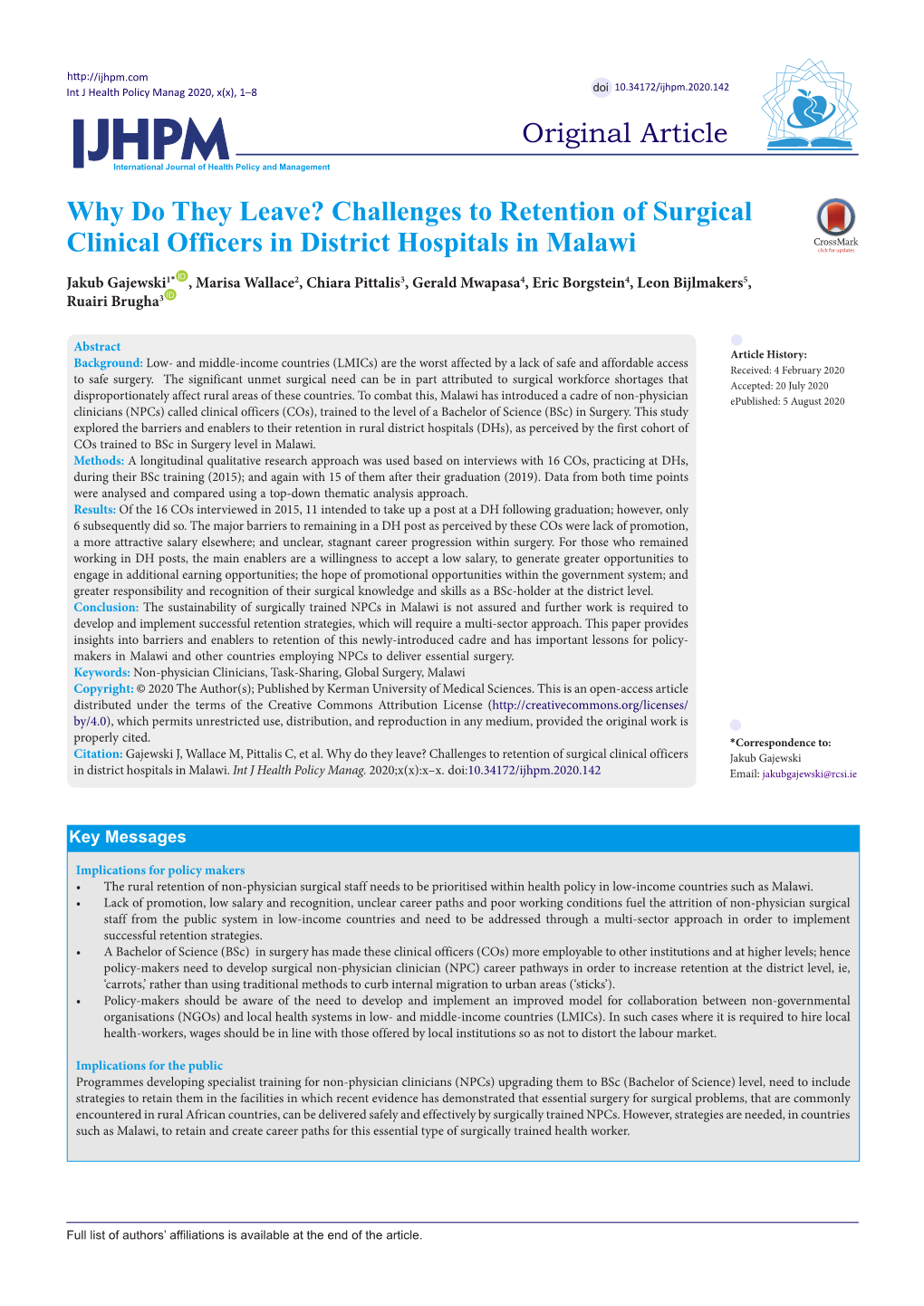 Why Do They Leave? Challenges to Retention of Surgical Clinical Officers in District Hospitals in Malawi