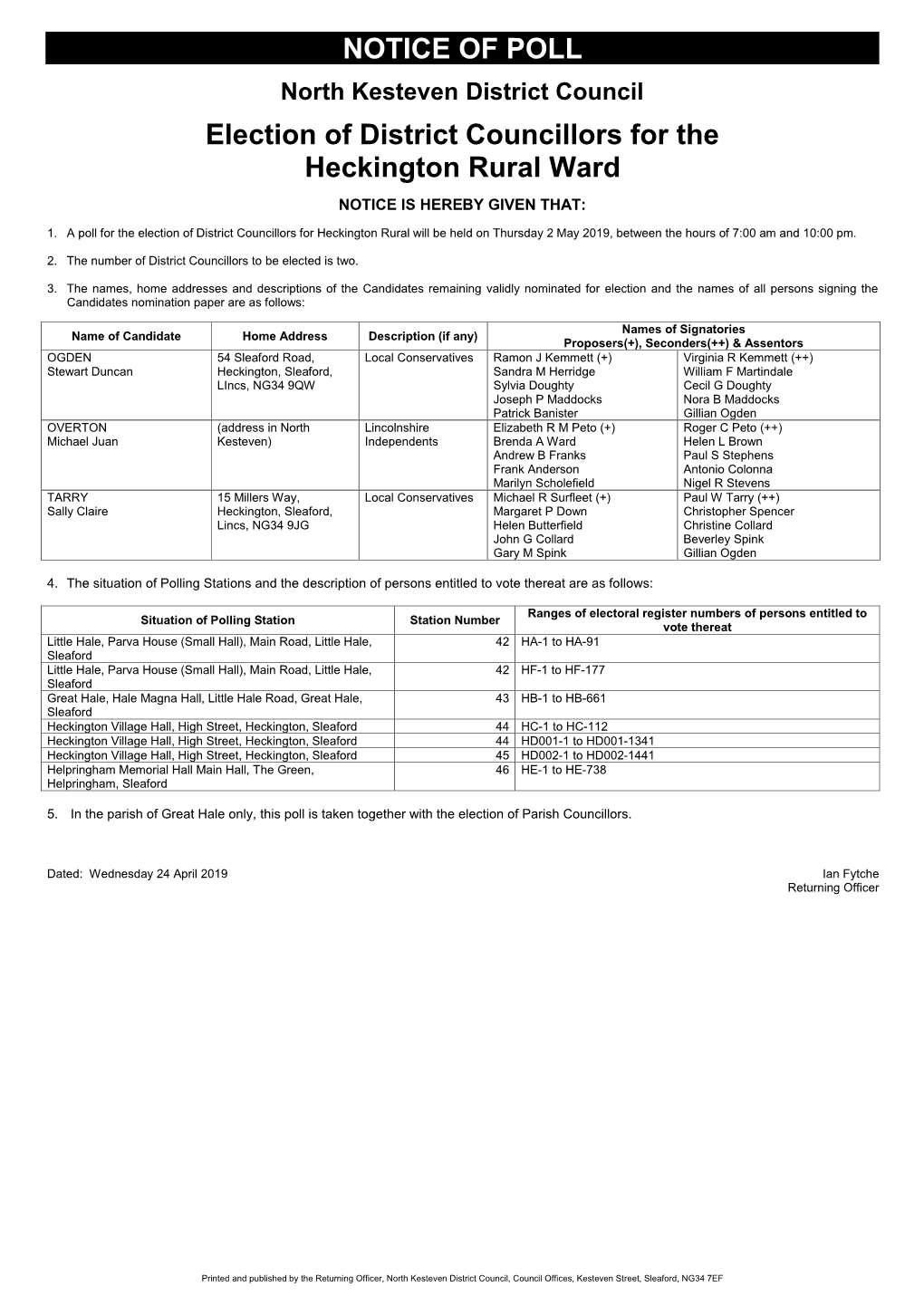 Heckington Rural Ward NOTICE IS HEREBY GIVEN THAT