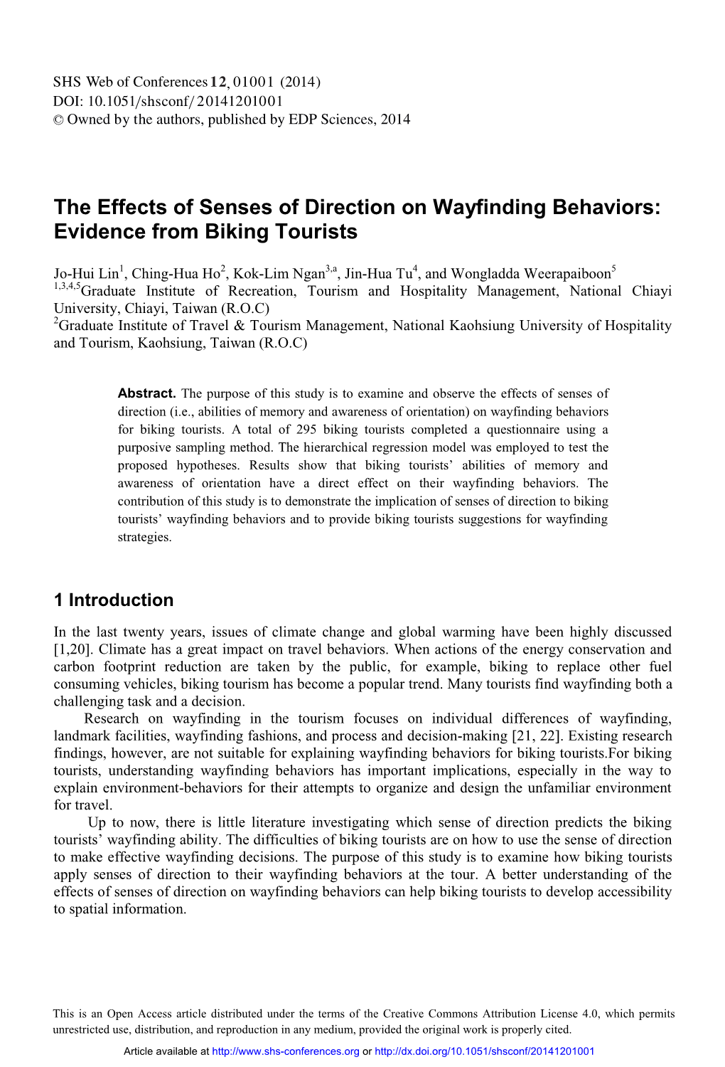 The Effects of Senses of Direction on Wayfinding Behaviors: Evidence from Biking Tourists