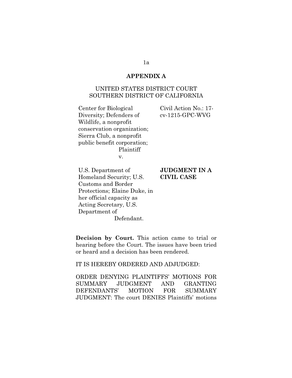 1A APPENDIX a UNITED STATES DISTRICT COURT SOUTHERN