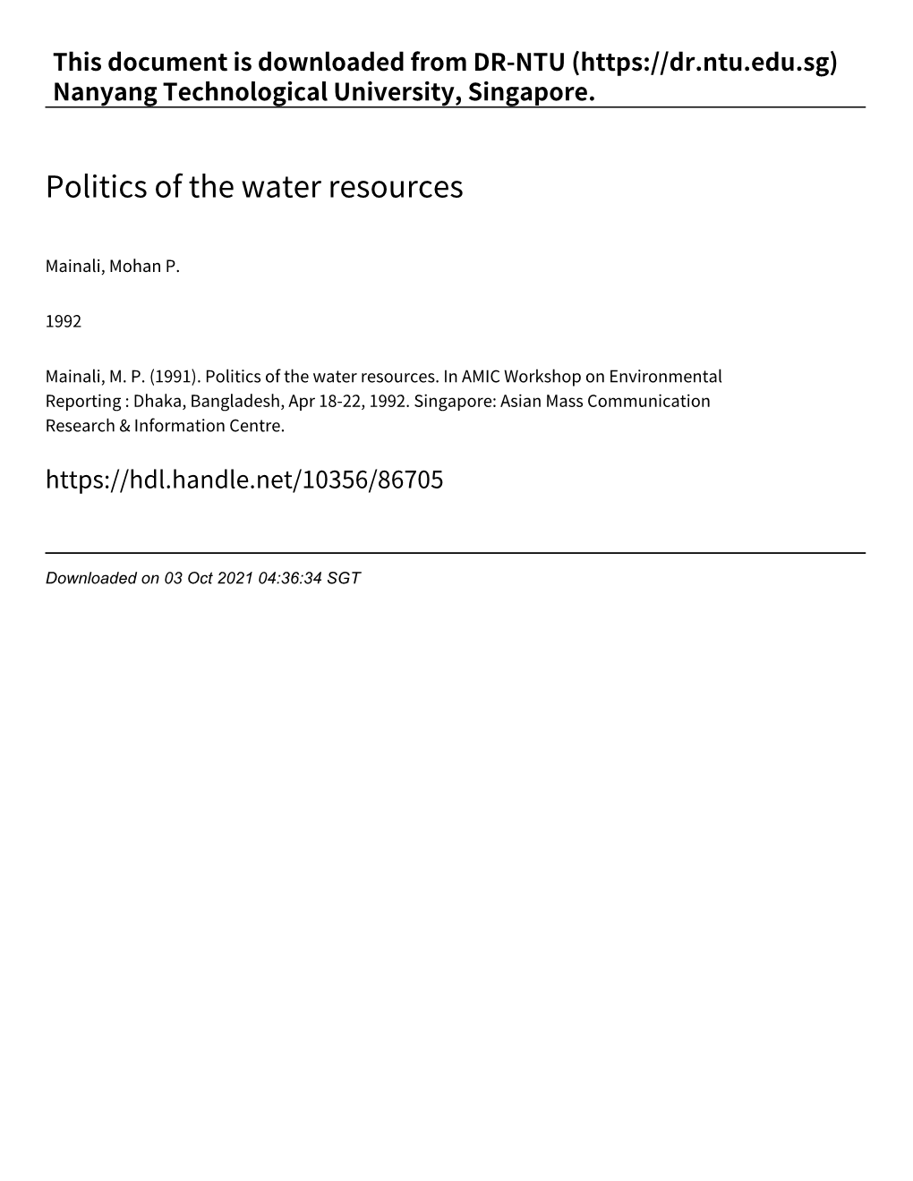 Politics of the Water Resources