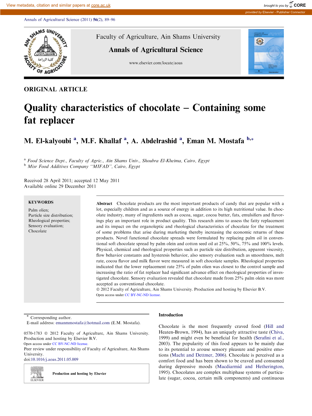 Quality Characteristics of Chocolate Â