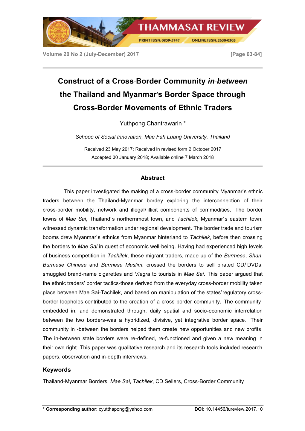 Construct of a Cross-Border Community In-Between the Thailand and Myanmar’S Border Space Through