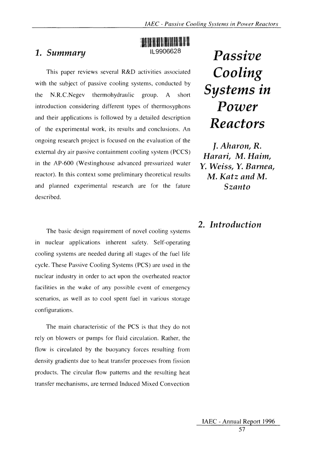 Passive Cooling Systems in Power Reactors