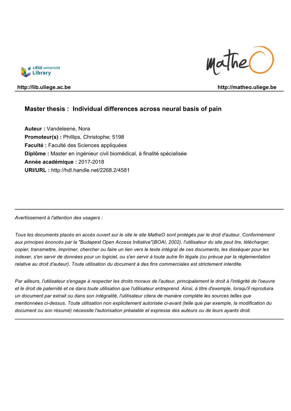 Master Thesis : Individual Differences Across Neural Basis of Pain