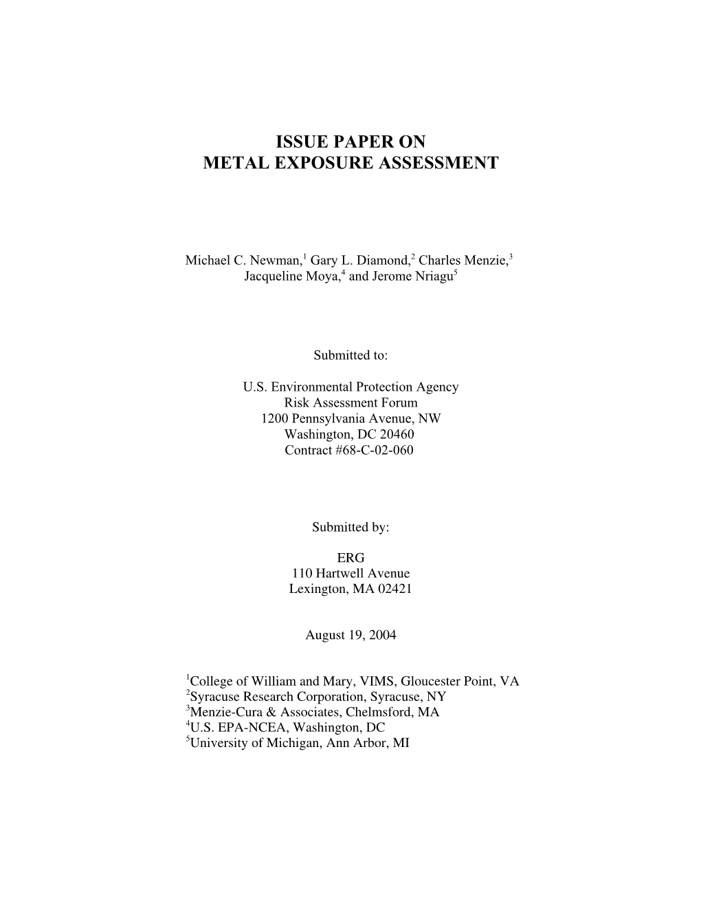 Issue Paper on Metal Exposure Assessment (PDF)