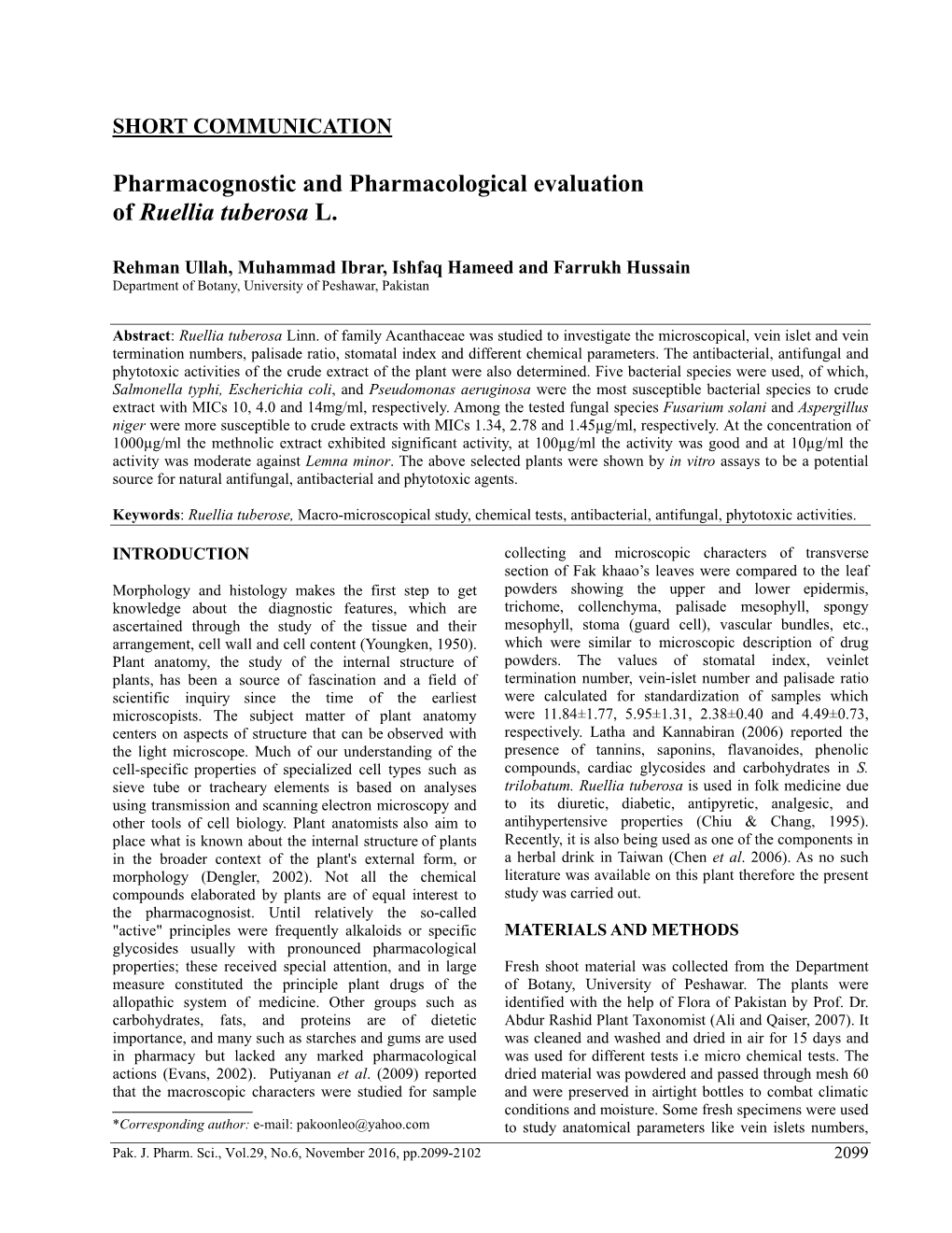 Pharmacognostic and Pharmacological Evaluation of Ruellia Tuberosa L