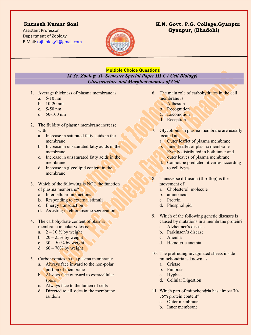 (Bhadohi) M.Sc. Zoology IV Semester Special Paper III C
