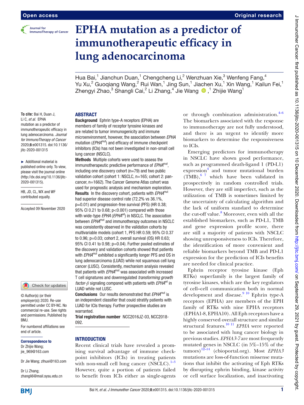 EPHA Mutation As a Predictor of Immunotherapeutic Efficacy in Lung Adenocarcinoma