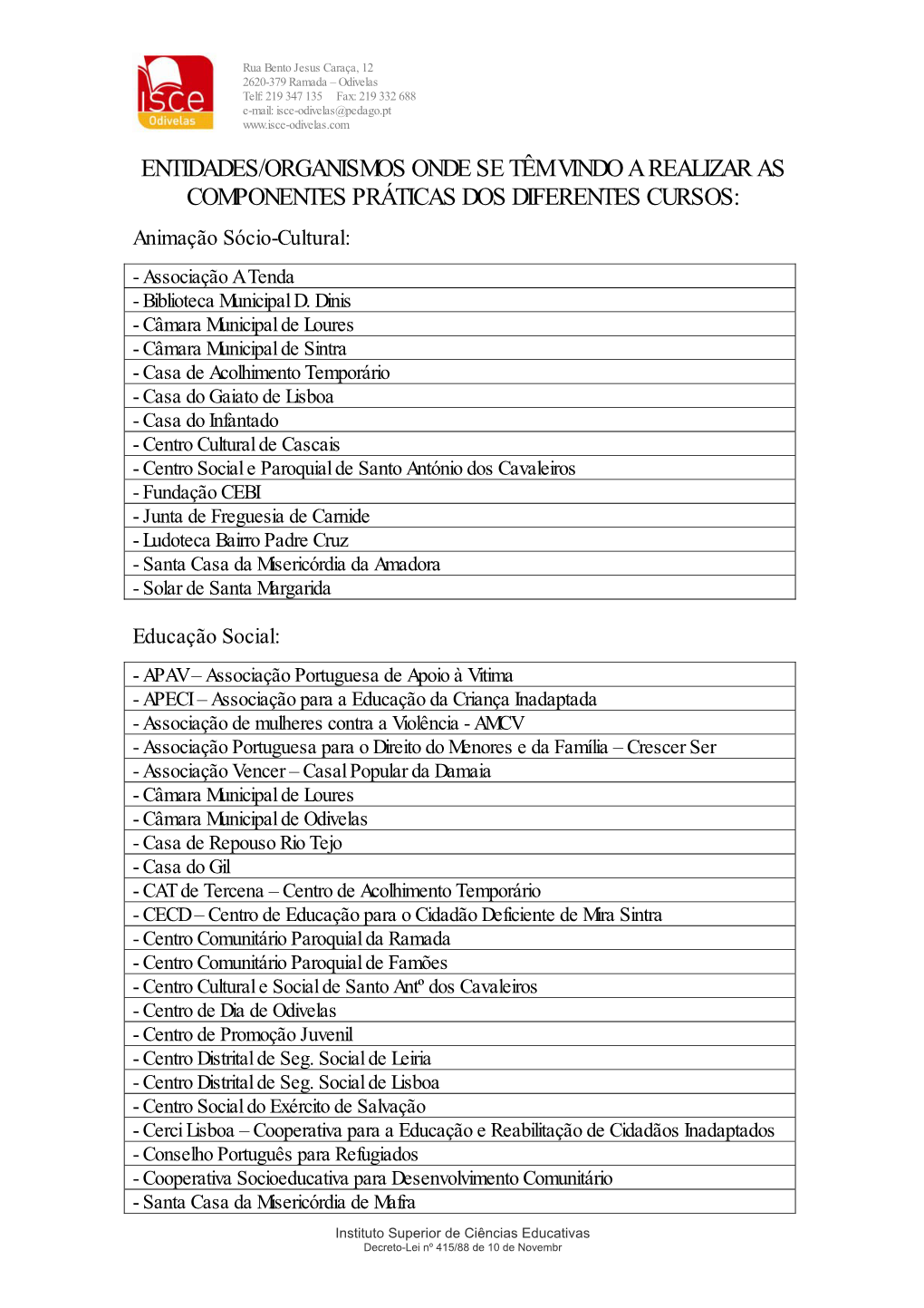 Entidades/Organismos Onde Se Têm Vindo a Realizar As Componentes Práticas Dos Diferentes Cursos