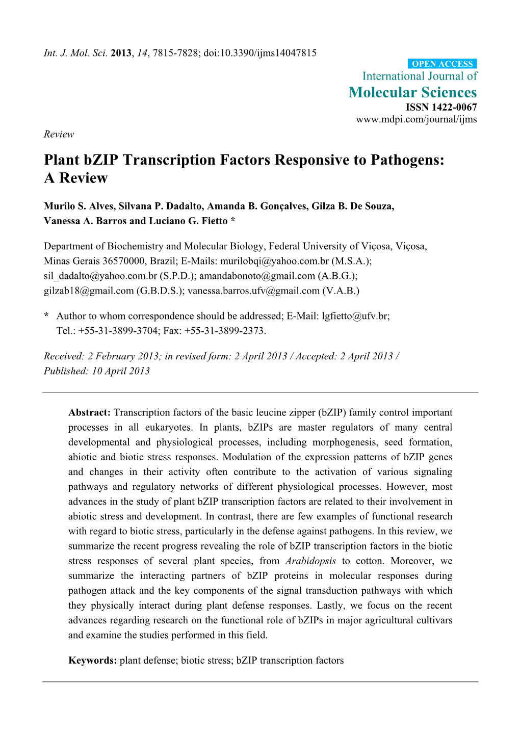 Plant Bzip Transcription Factors Responsive to Pathogens: a Review
