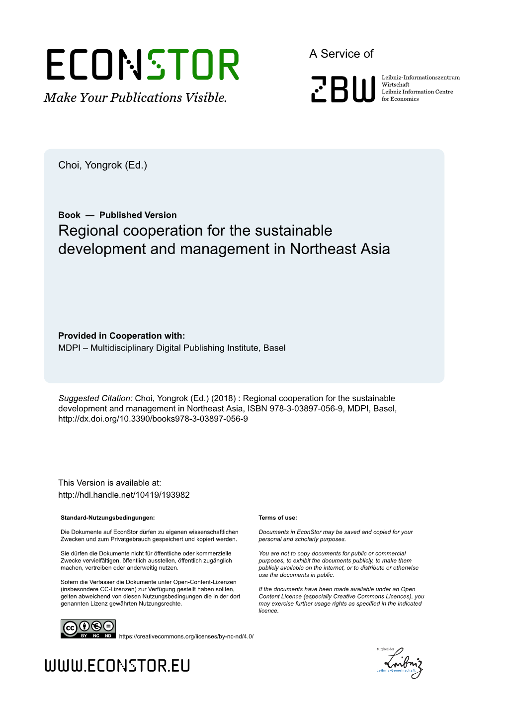 Regional Cooperation for the Sustainable Development and Management in Northeast Asia