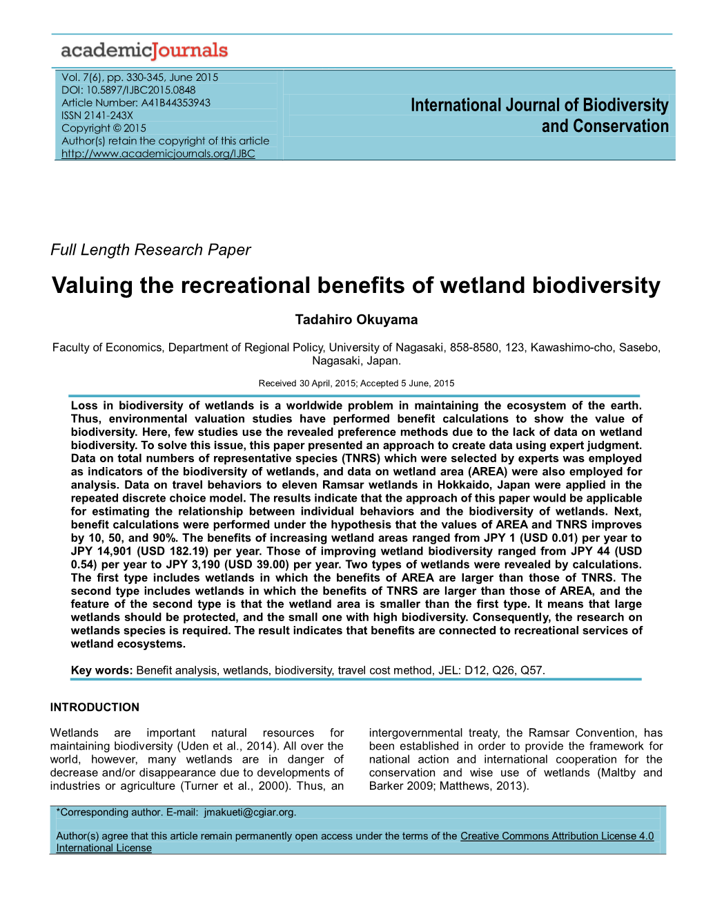 Valuing the Recreational Benefits of Wetland Biodiversity