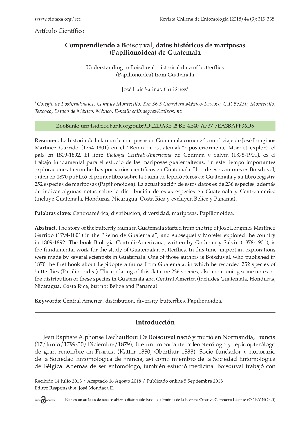 Comprendiendo a Boisduval, Datos Históricos De Mariposas (Papilionoidea) De Guatemala