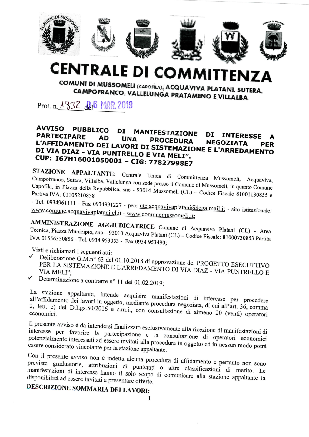 CENTRALE DI COMMITTENZA COMUNI Di MOSSOMELI [CAPOFILA},) Acquaviva PLATANI Sutf ÌA, CAMPOFRANCO, VALLELUNGA PRATAMENO E Villalia