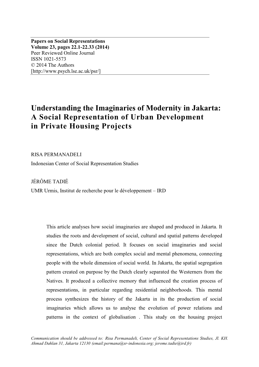Understanding the Imaginaries of Modernity in Jakarta: a Social Representation of Urban Development in Private Housing Projects