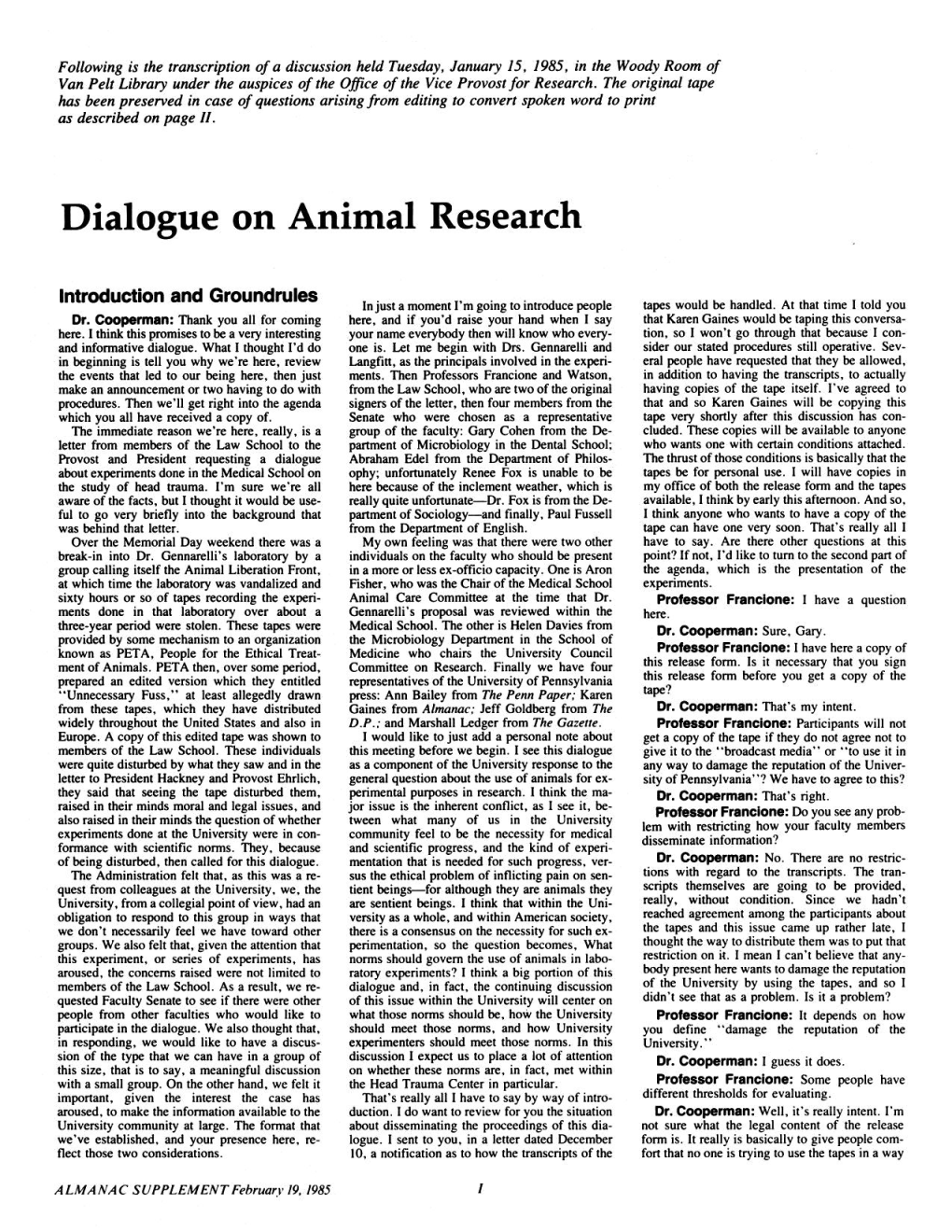 Dialogue on Animal Research