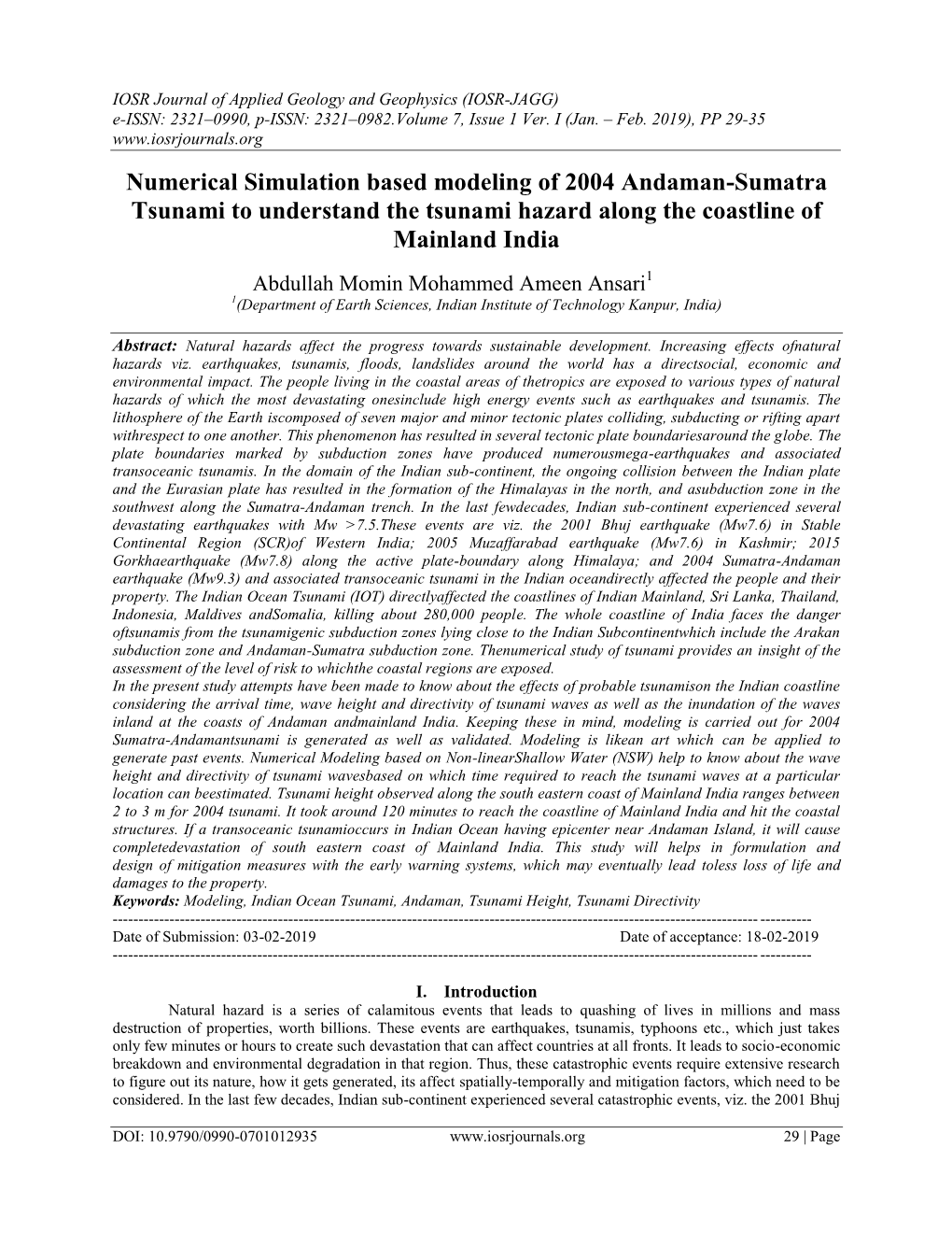 Numerical Simulation Based Modeling of 2004 Andaman-Sumatra Tsunami to Understand the Tsunami Hazard Along the Coastline of Mainland India