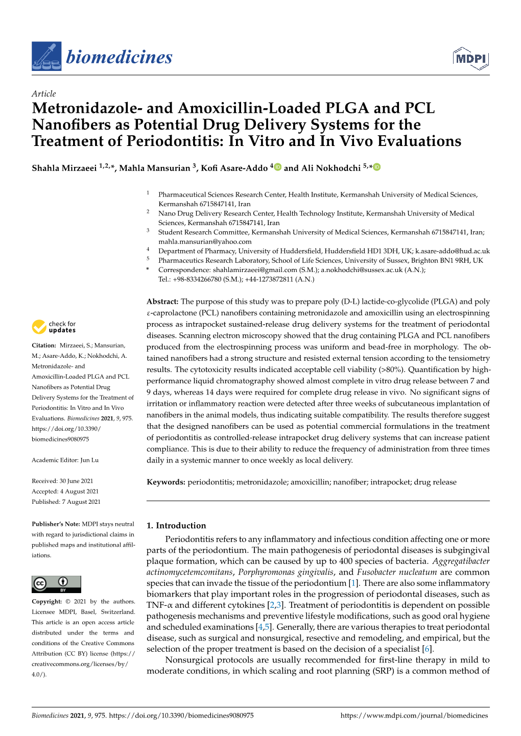 And Amoxicillin-Loaded PLGA and PCL Nanofibers As Potential Drug