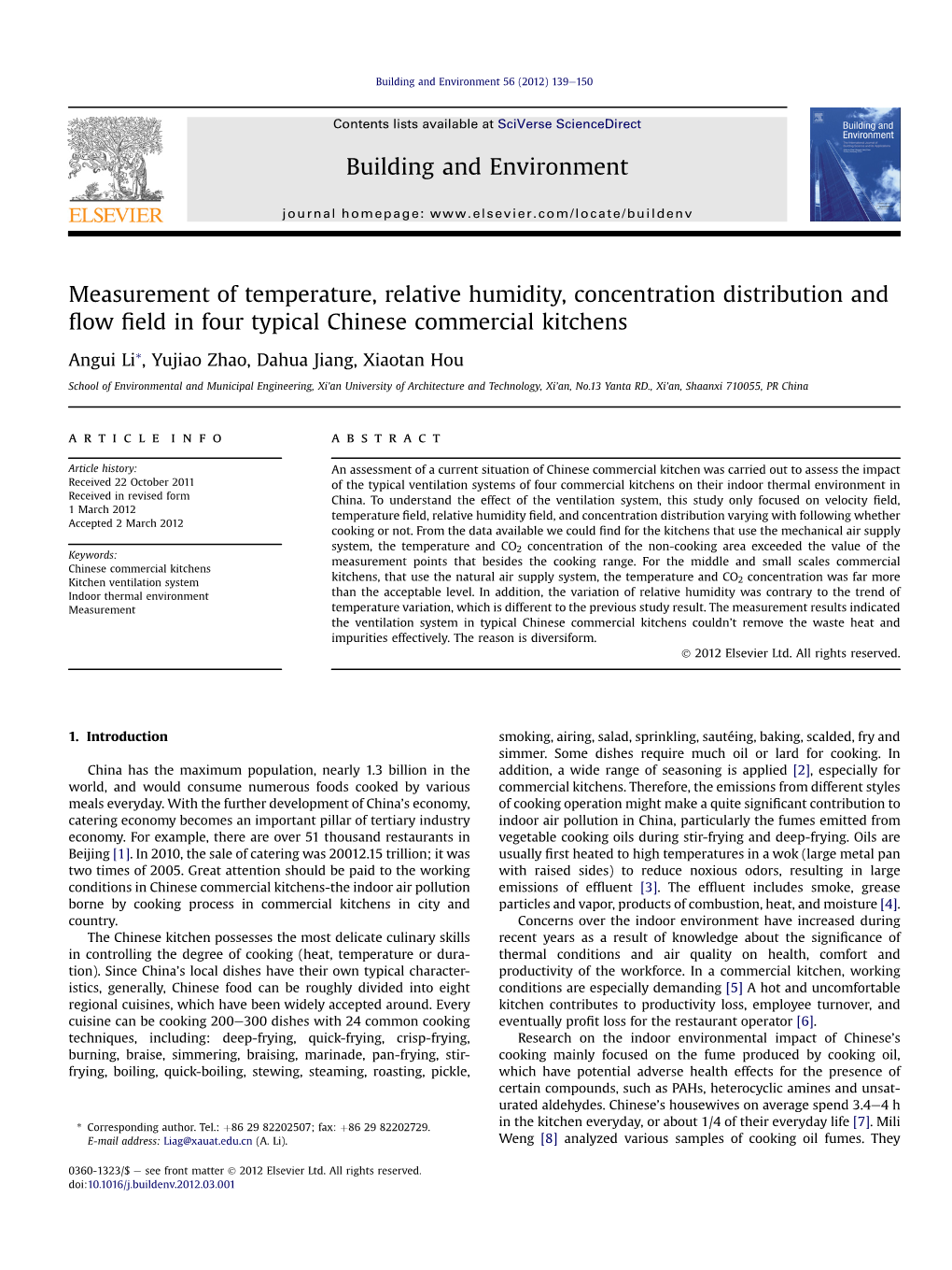 Measurement of Temperature, Relative Humidity, Concentration Distribution and ﬂow ﬁeld in Four Typical Chinese Commercial Kitchens
