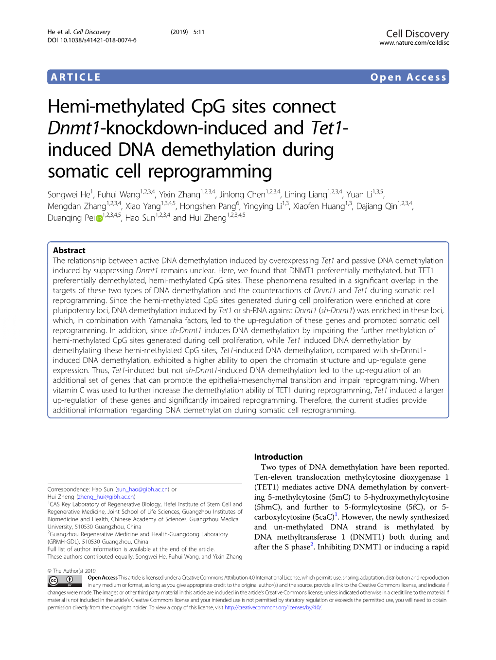 Hemi-Methylated Cpg Sites Connect Dnmt1-Knockdown-Induced and Tet1-Induced DNA Demethylation During Somatic Cell Reprogramming