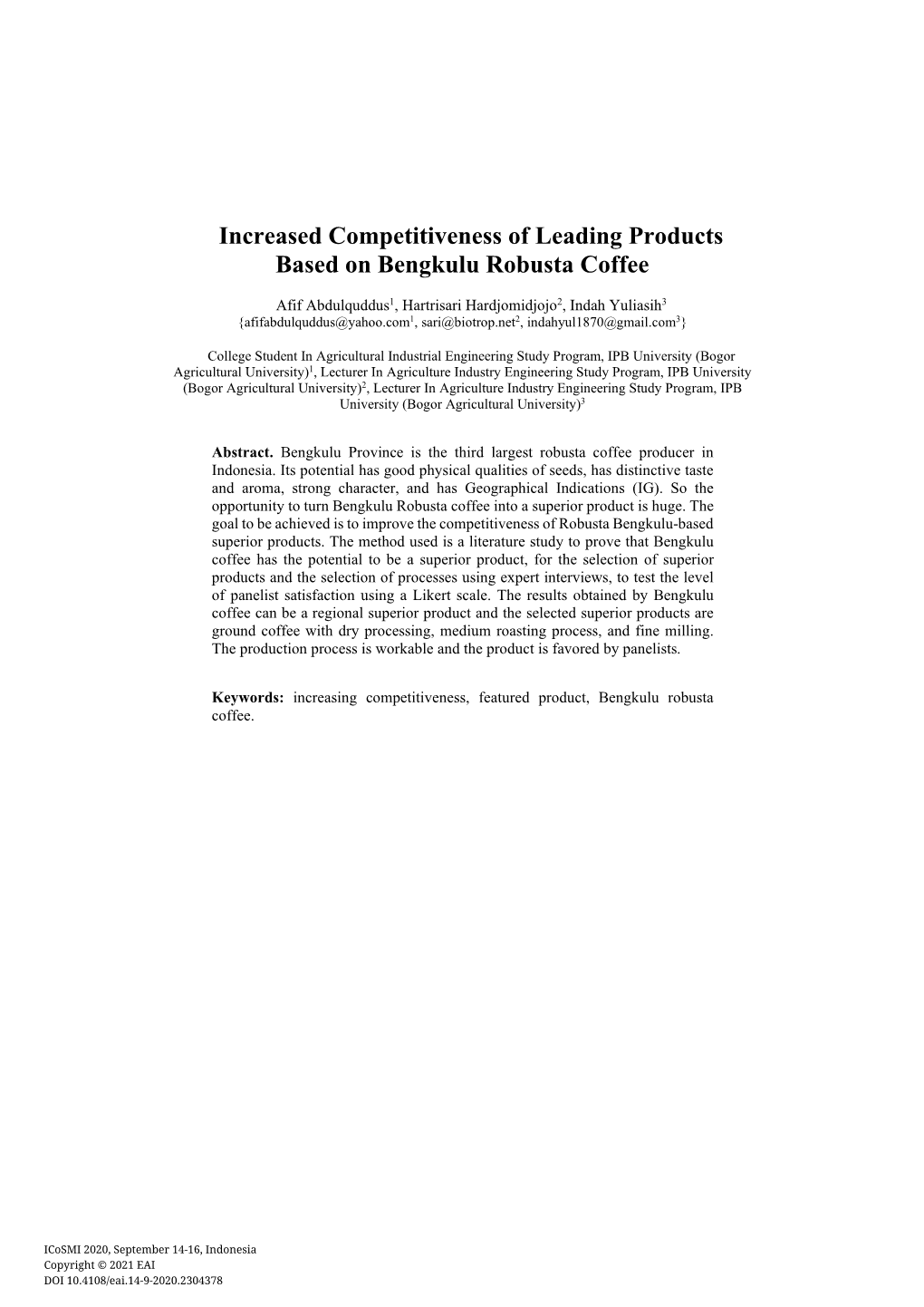 Increased Competitiveness of Leading Products Based on Bengkulu Robusta Coffee