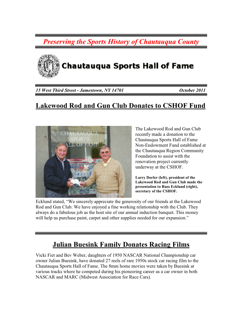 Preserving the Sports History of Chautauqua County Lakewood
