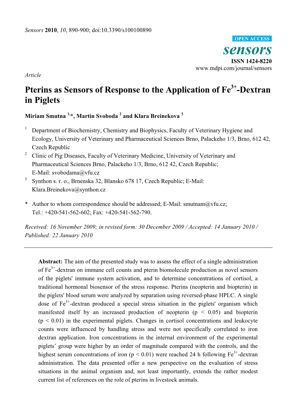 Pterins As Sensors of Response to the Application of Fe3+-Dextran in Piglets