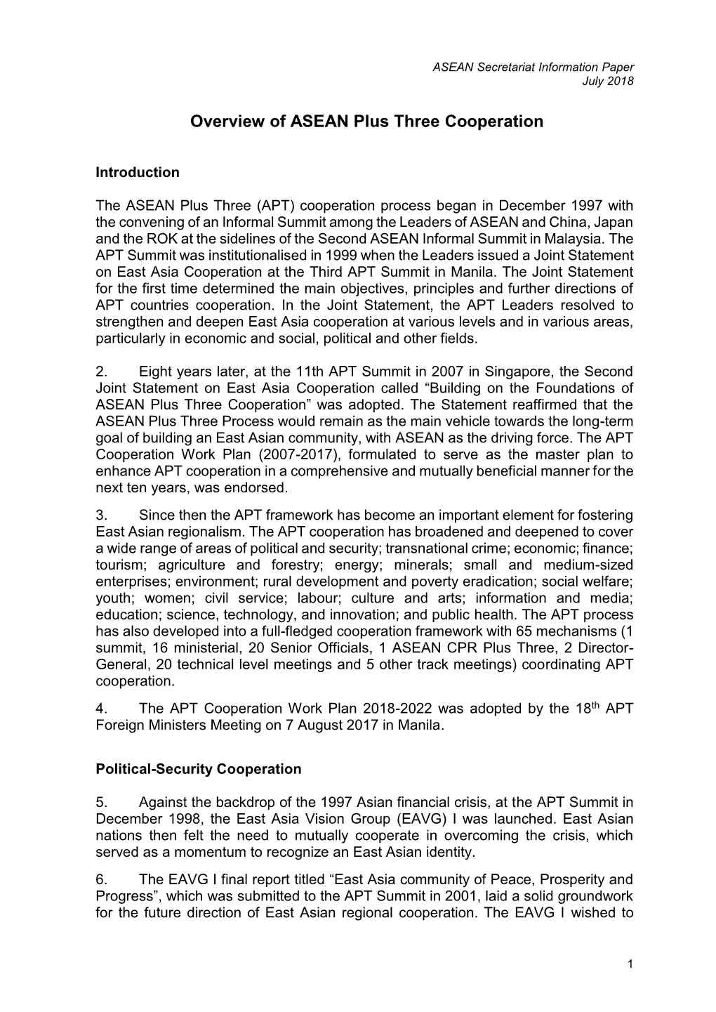 Overview of ASEAN Plus Three Cooperation