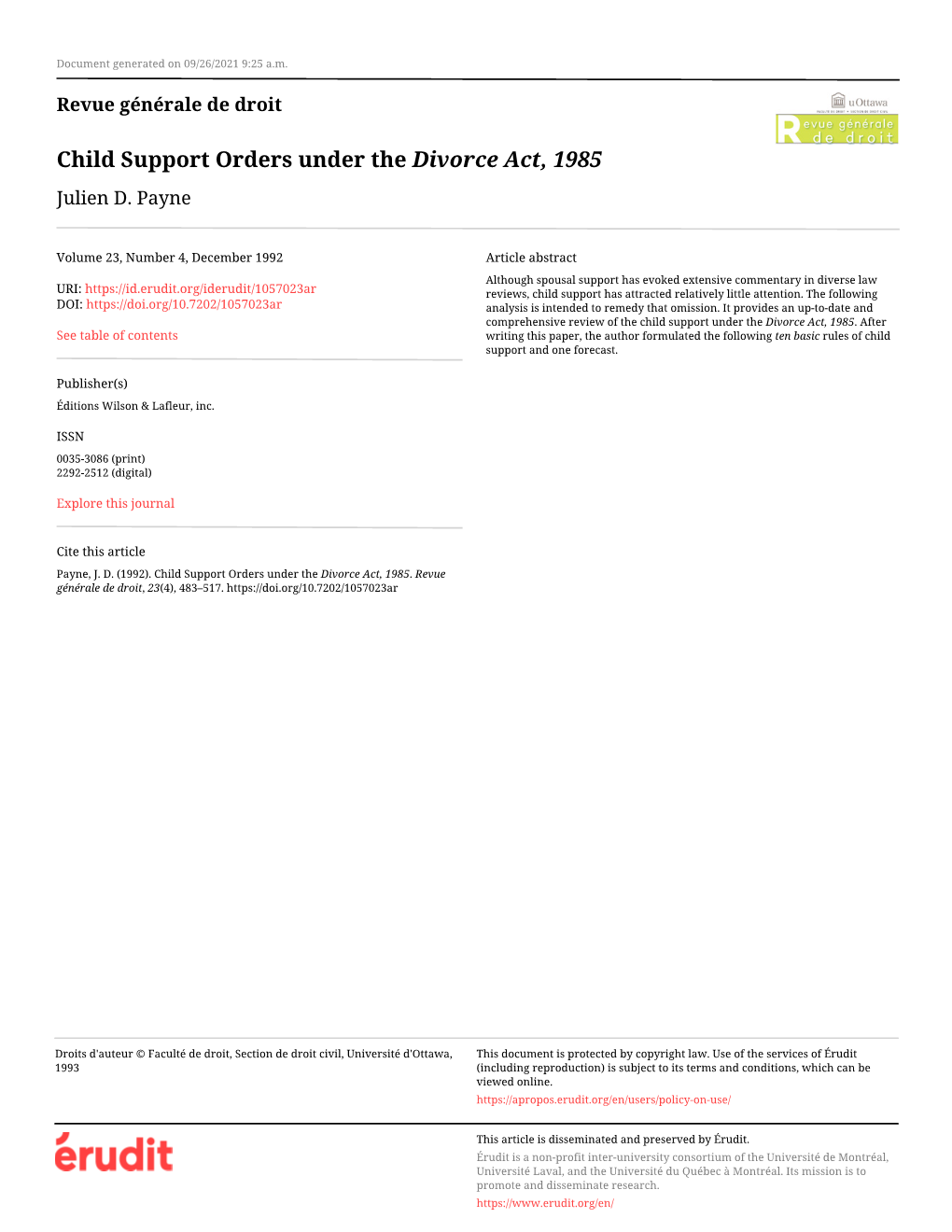 Child Support Orders Under the Divorce Act, 1985 Julien D