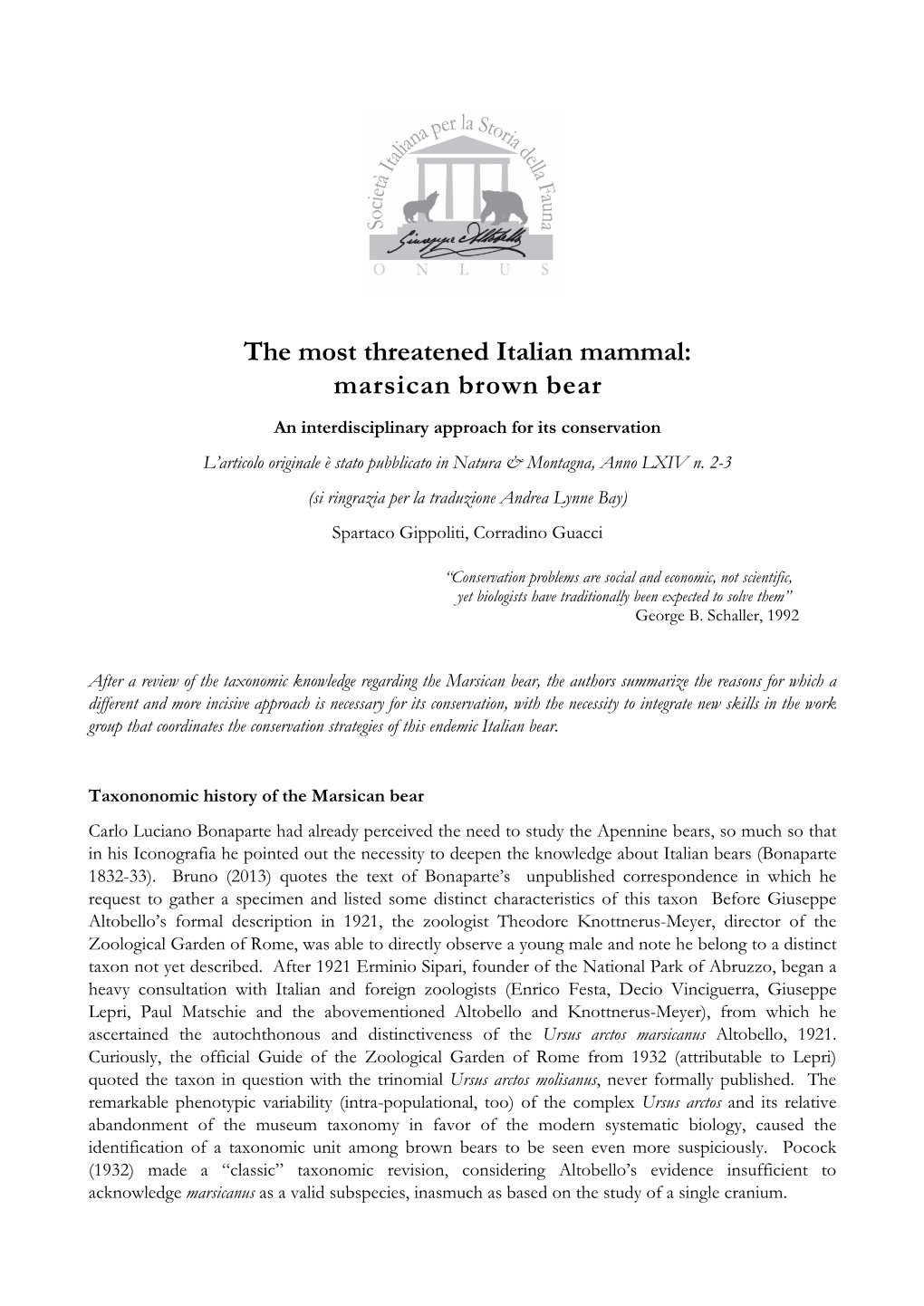 Marsican Brown Bear an Interdisciplinary Approach for Its Conservation L’Articolo Originale È Stato Pubblicato in Natura & Montagna, Anno LXIV N