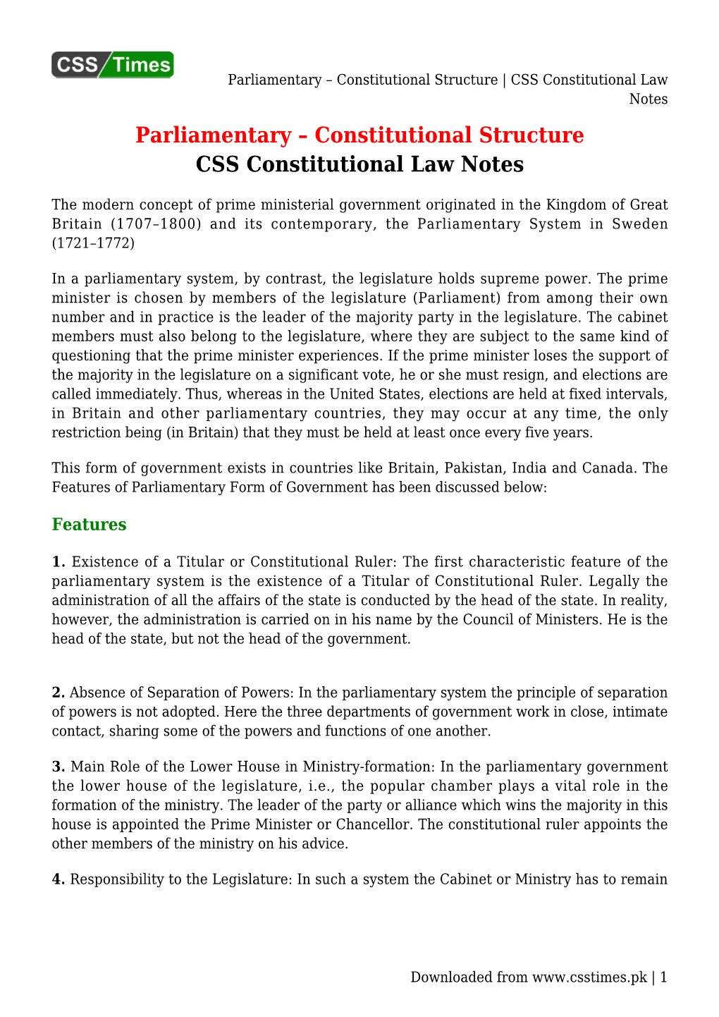 CSS Constitutional Law Notes Parliamentary – Constitutional Structure CSS Constitutional Law Notes