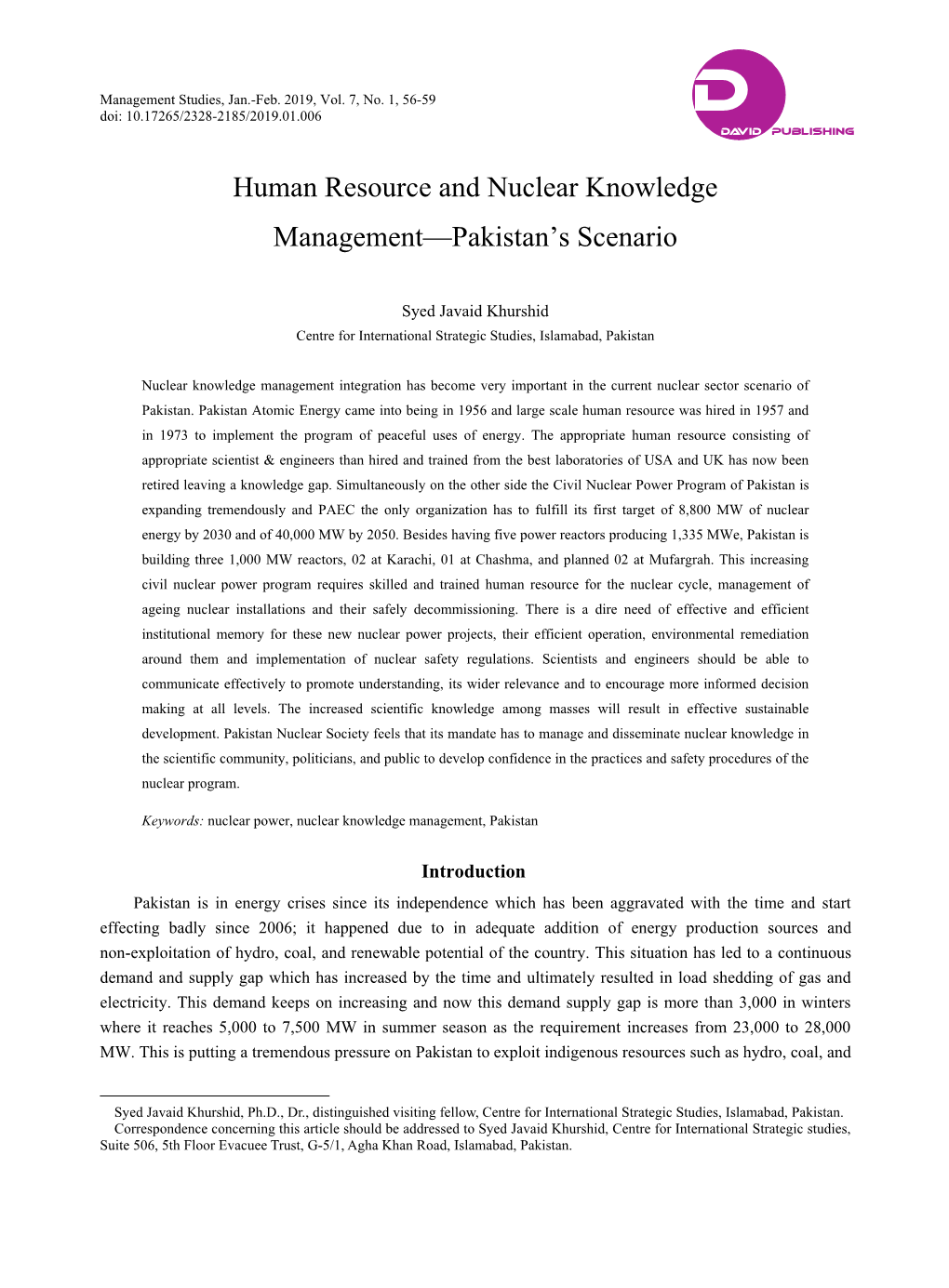 Human Resource and Nuclear Knowledge Management—Pakistan’S Scenario