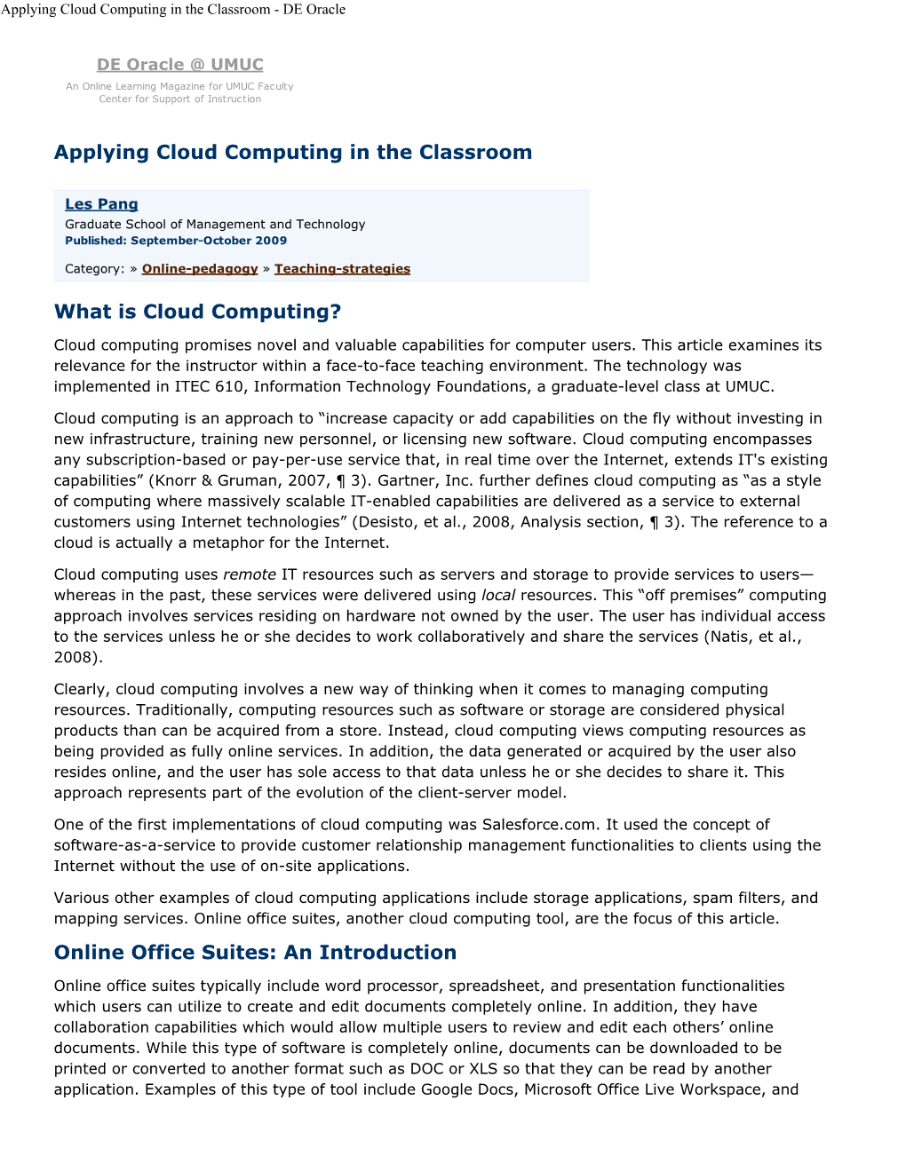 Applying Cloud Computing in the Classroom - DE Oracle