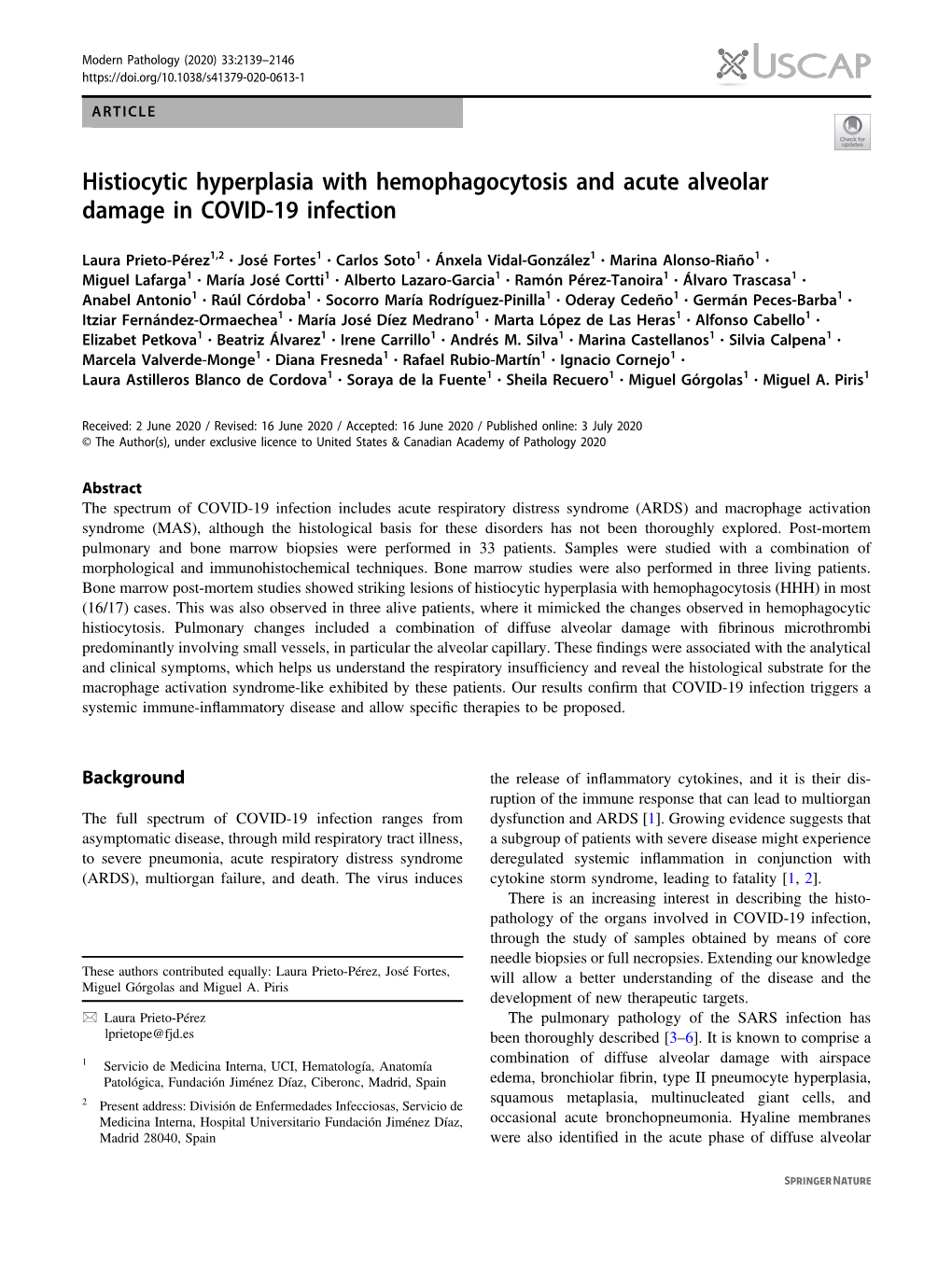 Histiocytic Hyperplasia with Hemophagocytosis and Acute Alveolar Damage in COVID-19 Infection