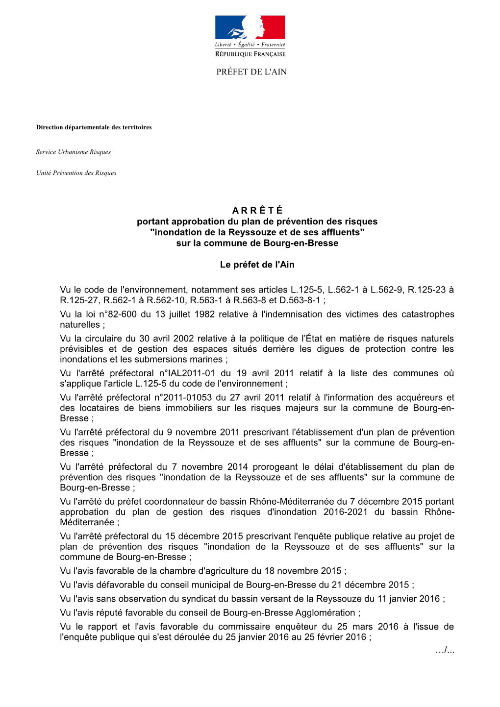 Arrêté Approbation PPR Bourg-En-Bresse