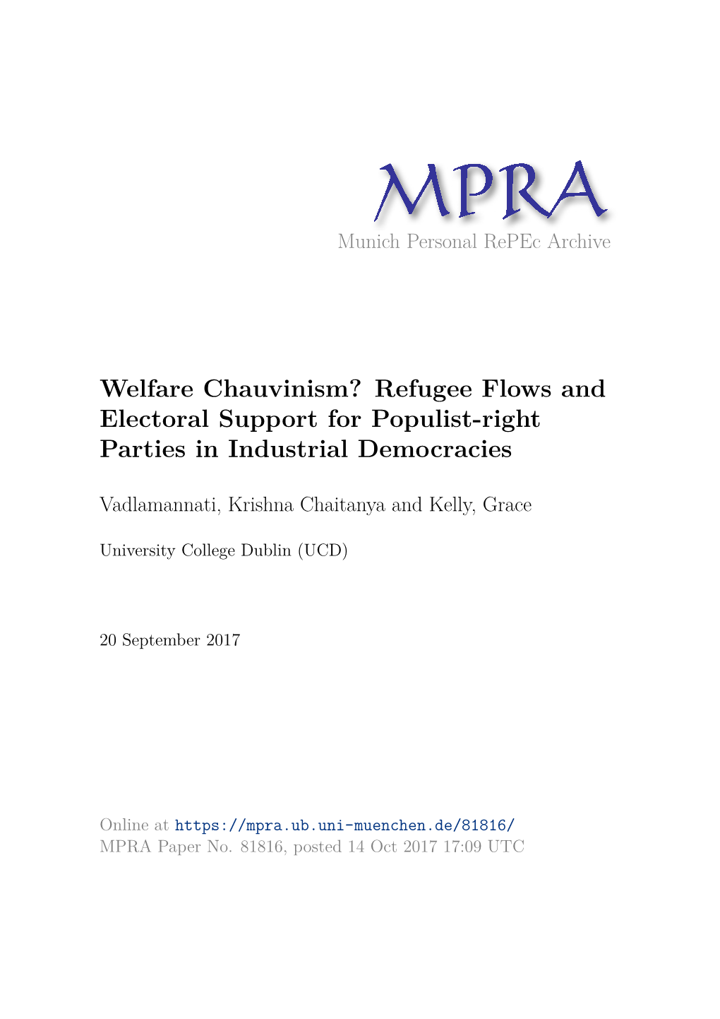 Welfare Chauvinism? Refugee Flows and Electoral Support for Populist-Right Parties in Industrial Democracies