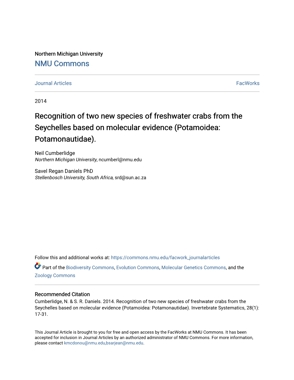 Recognition of Two New Species of Freshwater Crabs from the Seychelles Based on Molecular Evidence (Potamoidea: Potamonautidae)