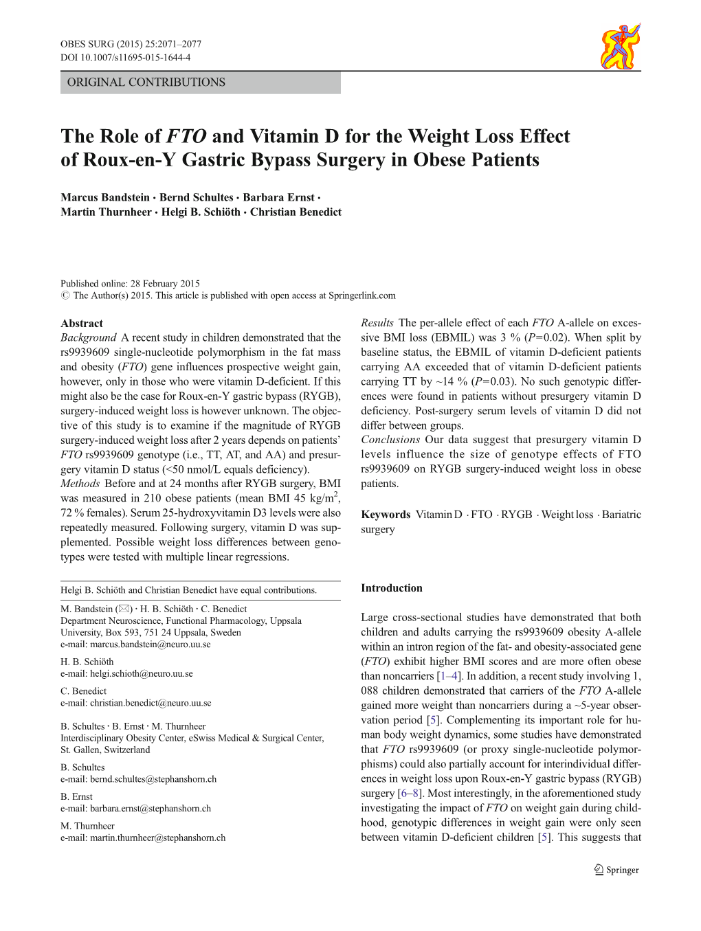 The Role of FTO and Vitamin D for the Weight Loss Effect of Roux-En-Y Gastric Bypass Surgery in Obese Patients