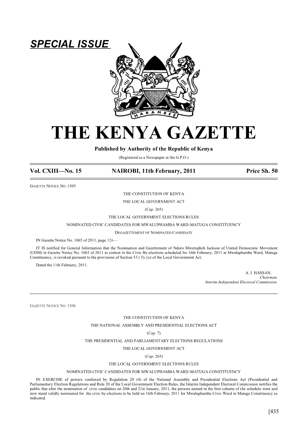 Special Issue the Kenya Gazette