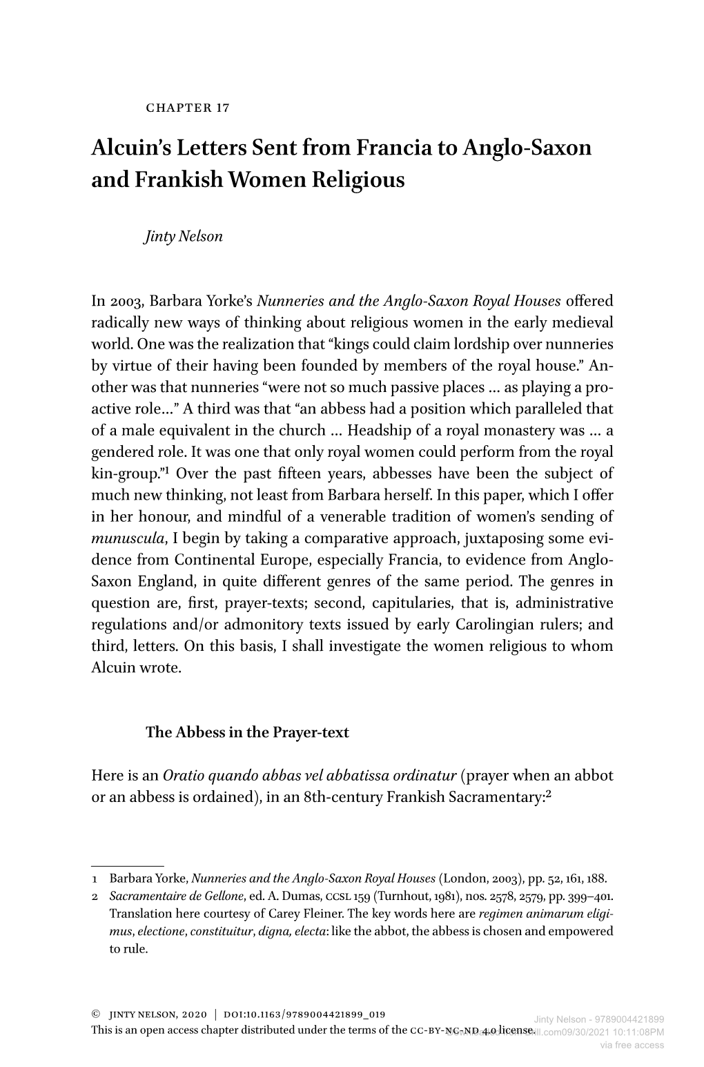 Alcuin's Letters Sent from Francia to Anglo-Saxon and Frankish Women