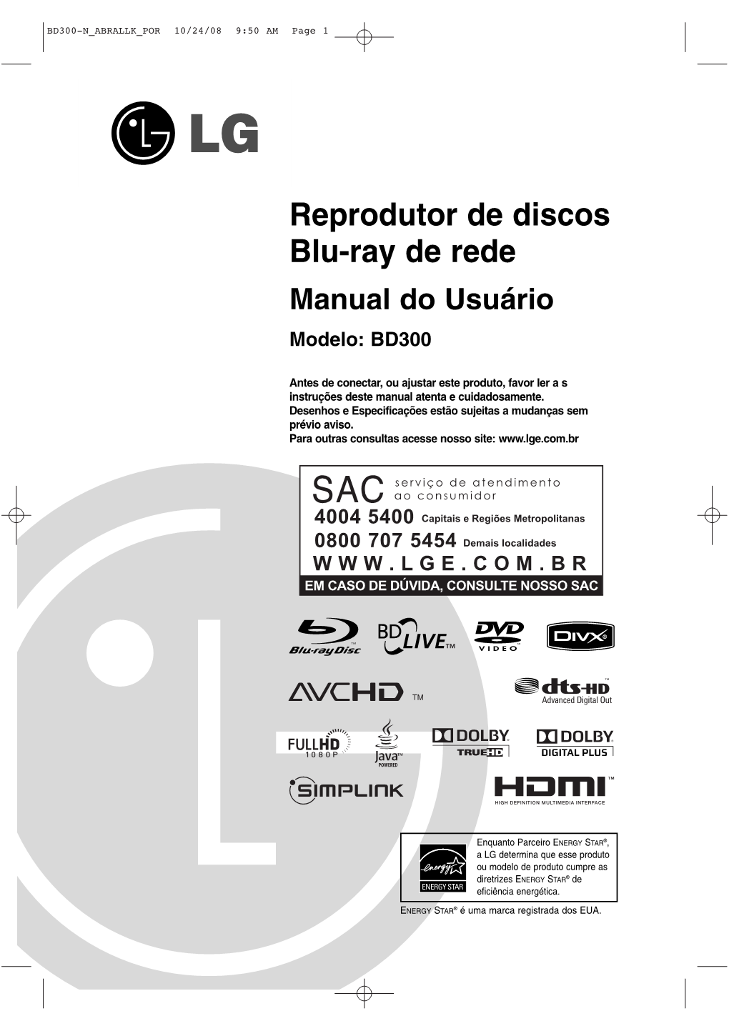 Reprodutor De Discos Blu-Ray De Rede Manual Do Usuário Modelo: BD300
