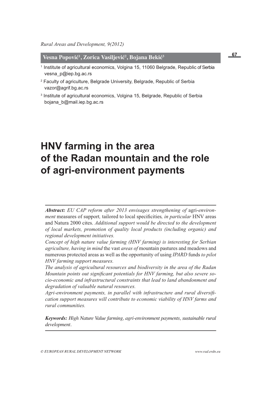 HNV Farming in the Area of the Radan Mountain and the Role of Agri-Environment Payments