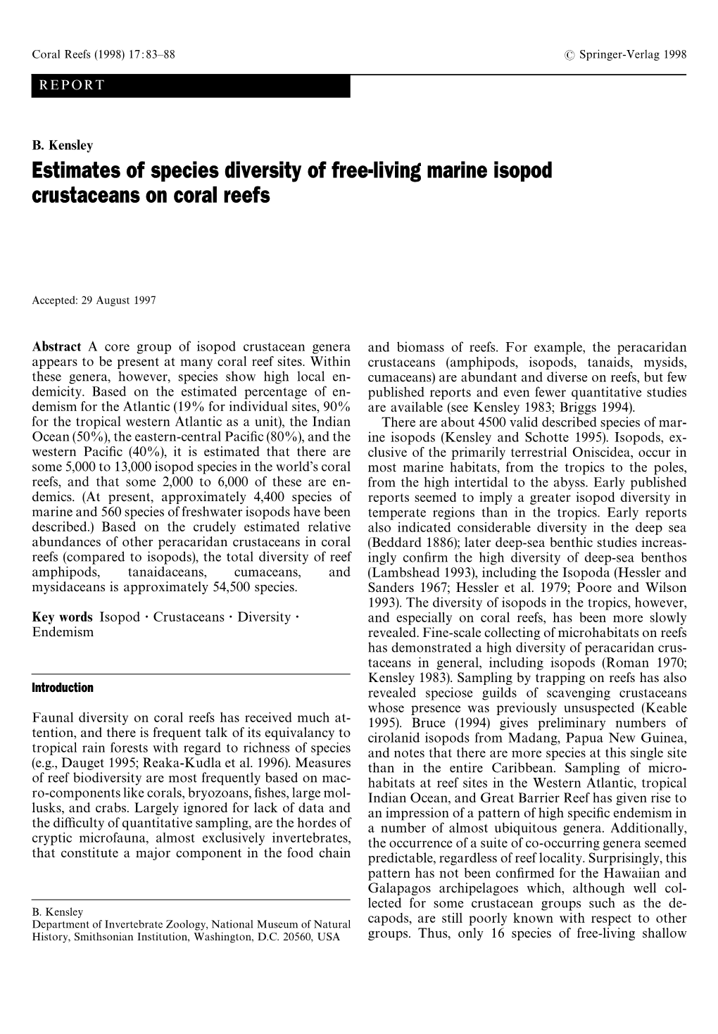 Estimates of Species Diversity of Free-Living Marine Isopod Crustaceans on Coral Reefs