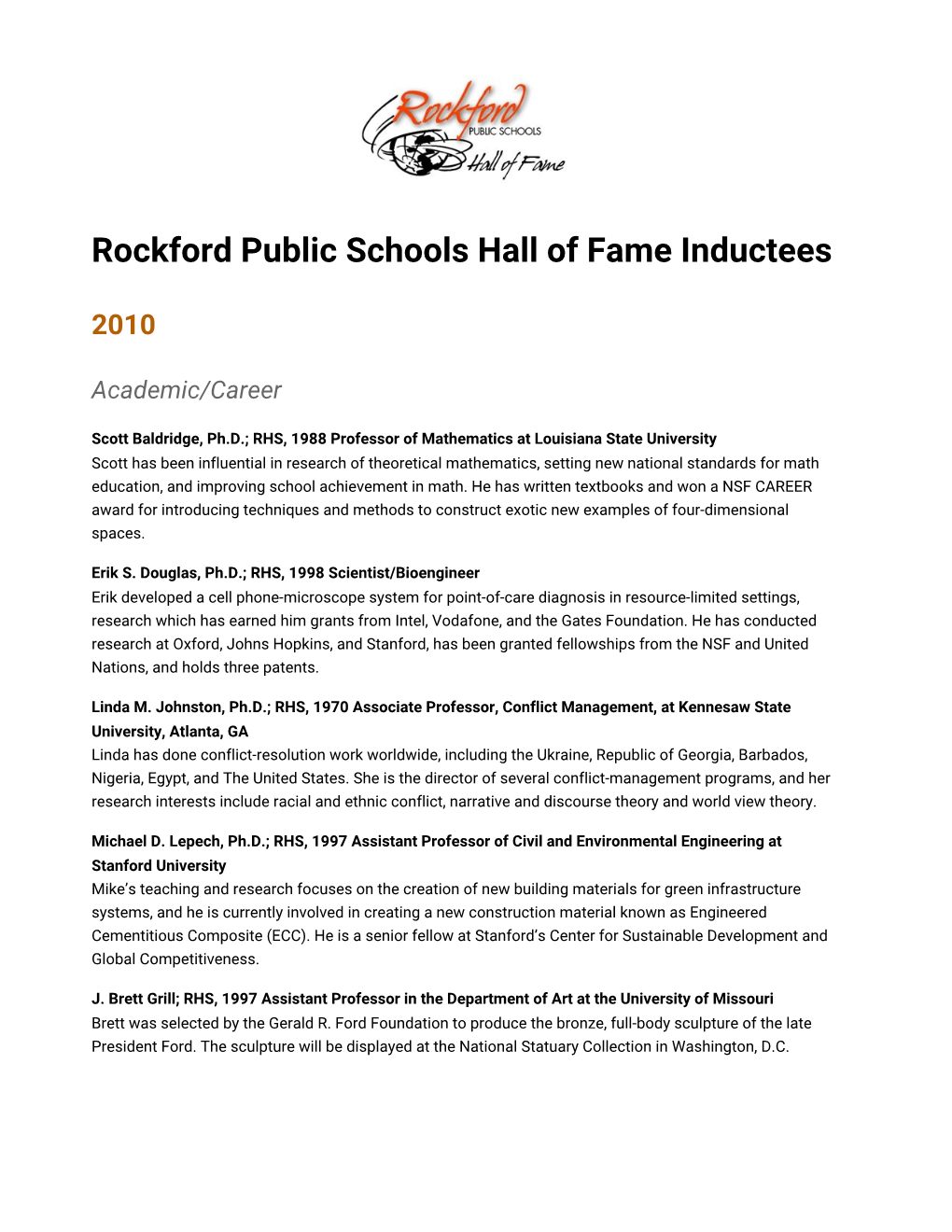 Rockford Public Schools Hall of Fame Inductees