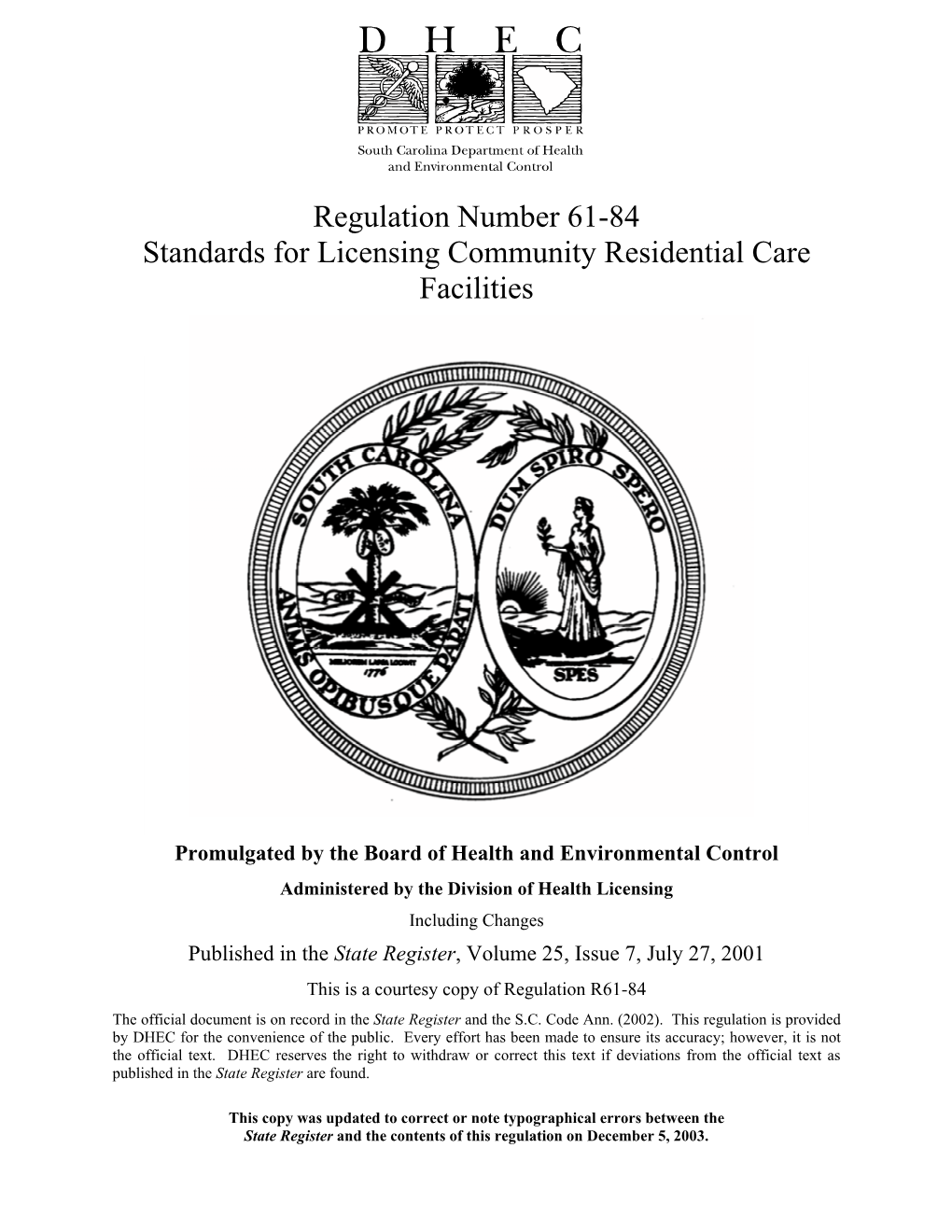 Regulation Number 61-84 Standards for Licensing Community Residential Care Facilities