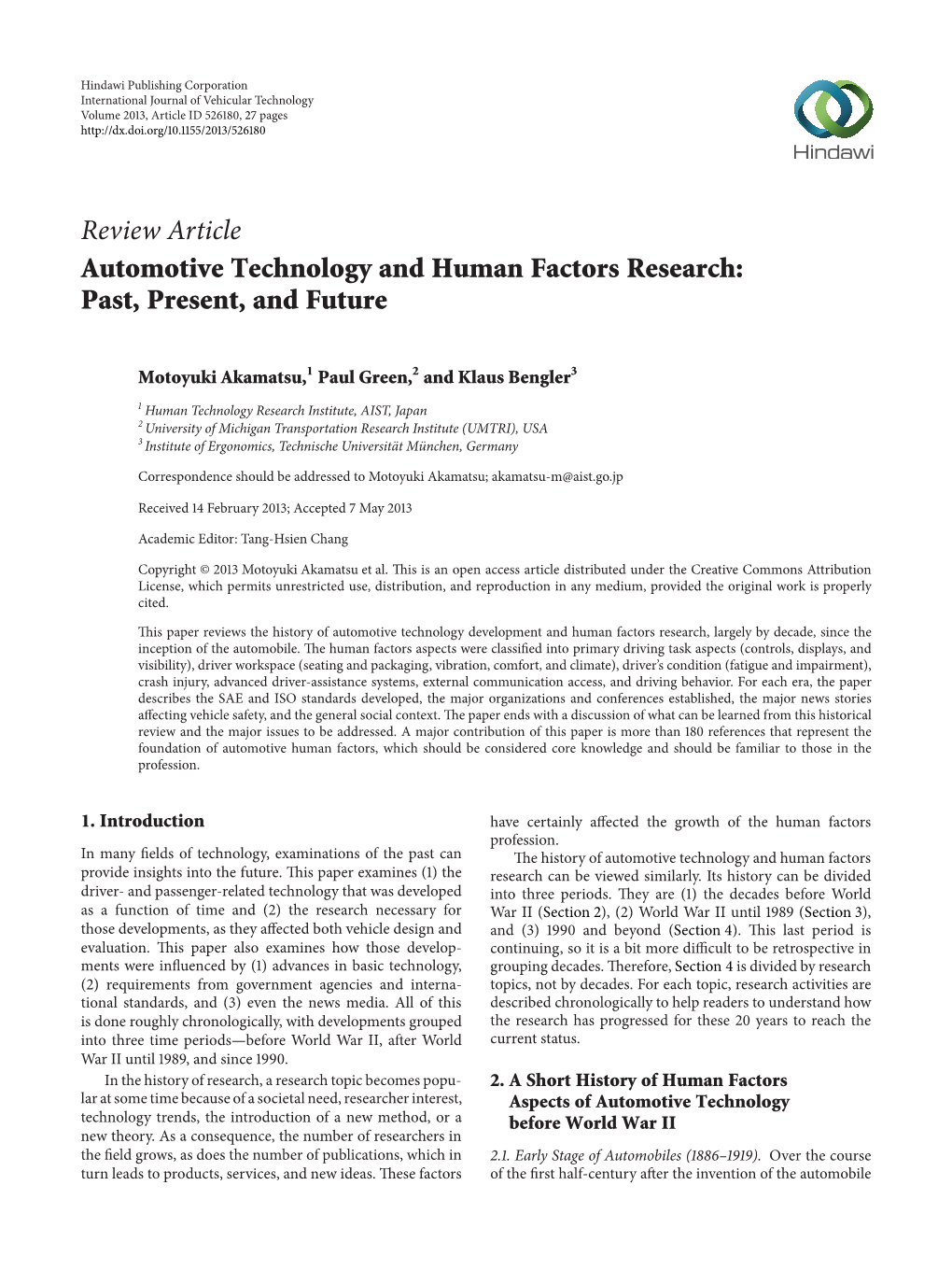 Review Article Automotive Technology and Human Factors Research: Past, Present, and Future