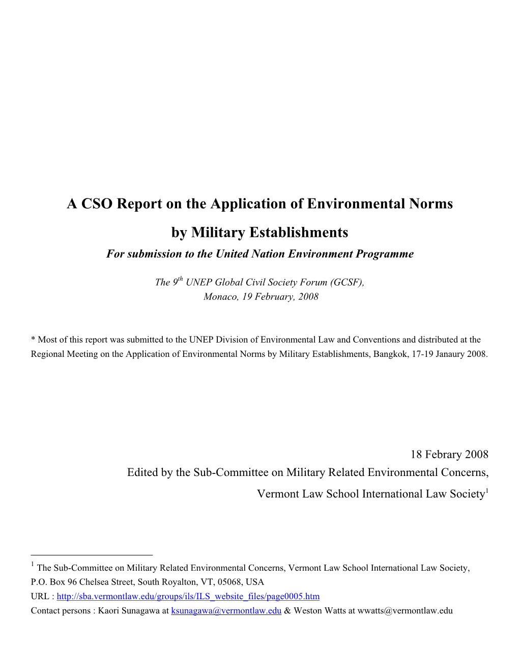 A CSO Report on the Application of Environmental Norms by Military Establishments for Submission to the United Nation Environment Programme