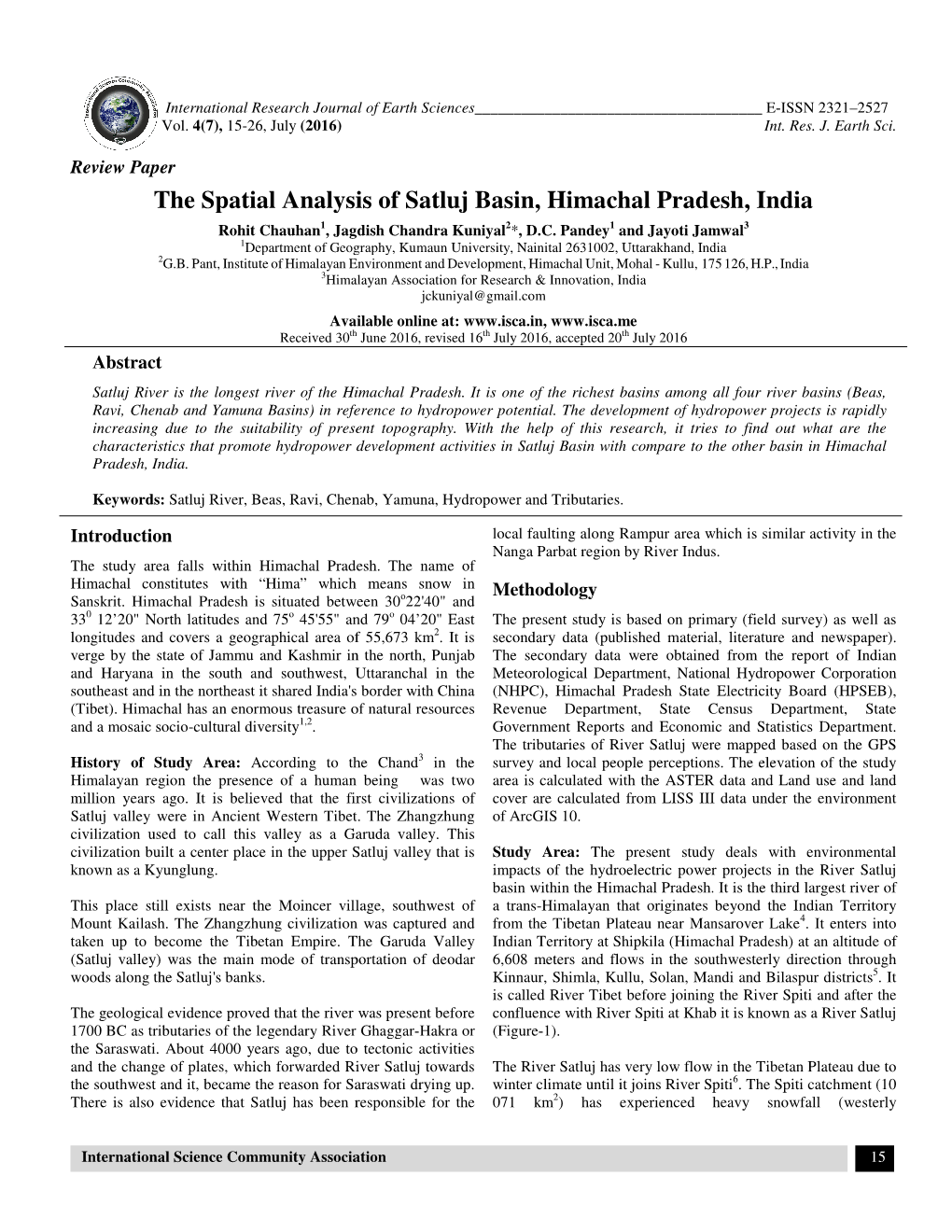 Tial Analysis of Satluj Basin, Himachal Pradesh , India Rohit Chauhan 1, Jagdish Chandra Kuniyal 2*, D.C